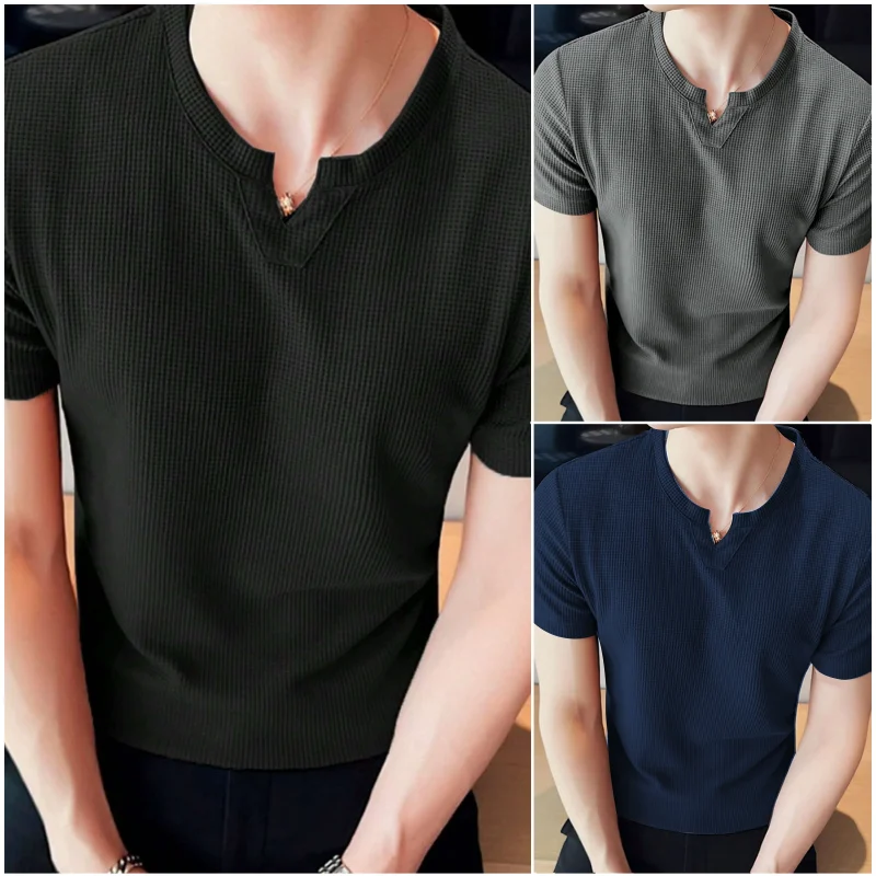 Bundle of 3 Men Waffle Knit Notch Neck T-Shirts