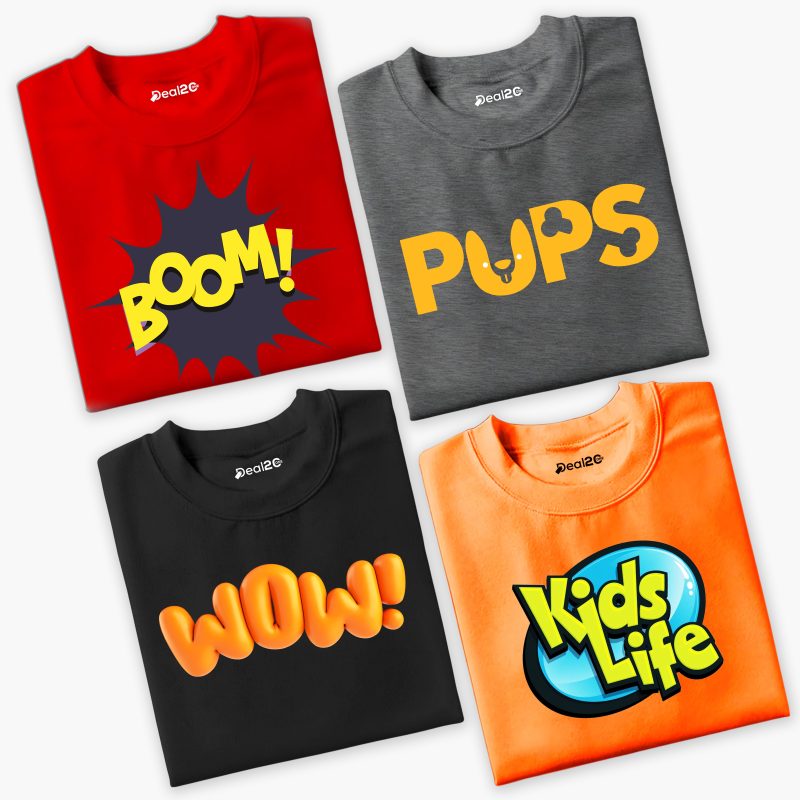 Pack of 4 Kids Wow Pups Boom Printed Summer T-Shirts