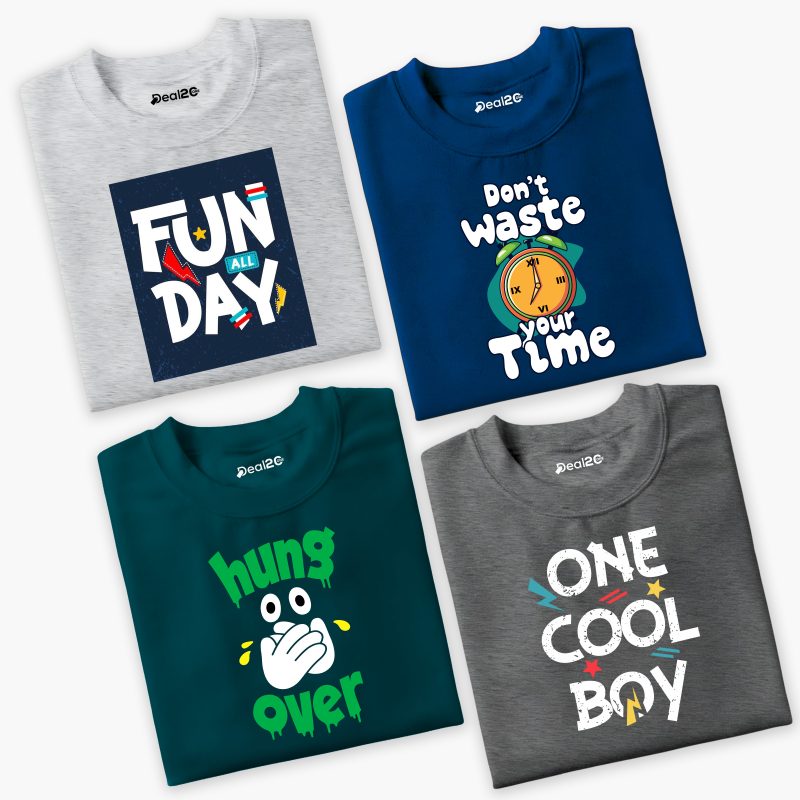 Pack of 4 Kids Fun Time Hung Boy Printed Summer T-Shirts