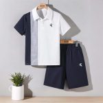 Kids Casual Navy and White Contrast Color Blocked Summer Short Suit