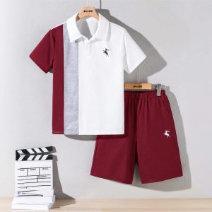 Kids Casual Maroon and White Contrast Color Blocked Summer Short Suit