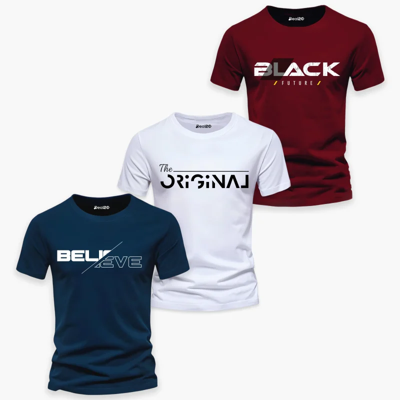 Pack of 3 Black Original Believe Mens Printed T-Shirts