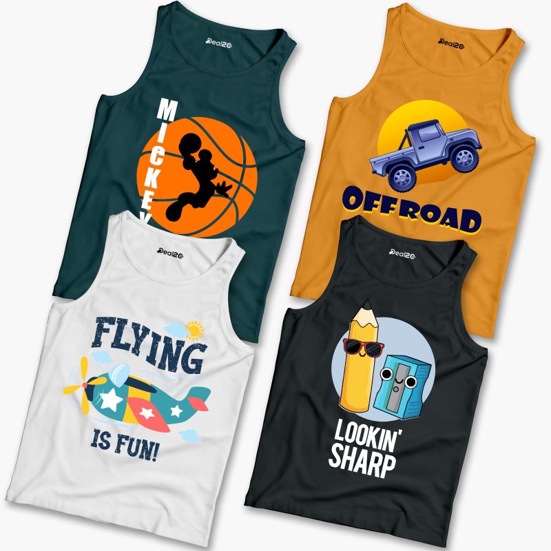 Pack of 4 Mickey Look in Offroad Flying Kids Printed Tank Tops