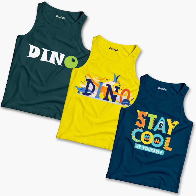 Pack of 3 Cool Dino Kids Printed Tank Tops