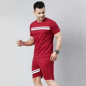 Maroon Striped Summer Short Suit For Men