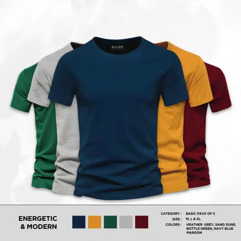 Bundle of 5 Energetic And Modern Basic Half Sleeves T-Shirts For Men