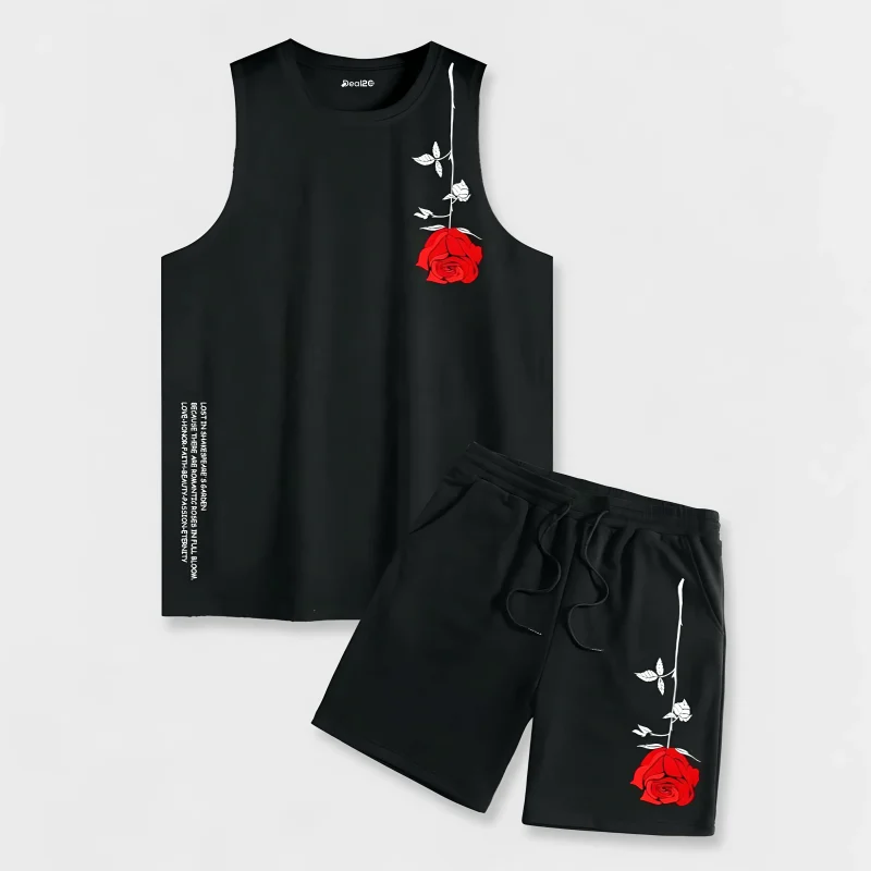 Trendy Rose Printed Tank Top and Shorts Set for Men