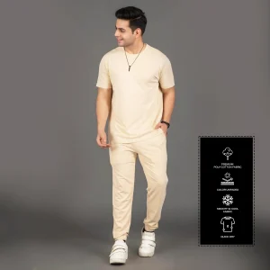 Beige Premium Round Neck Half Sleeve Comfortable Bamboo Track Suit For Men