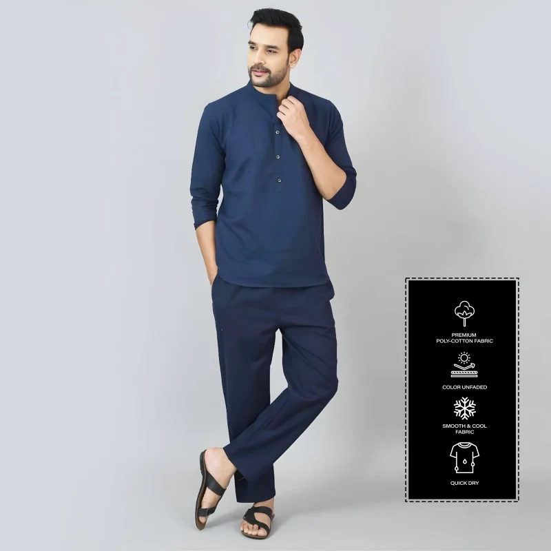 Navy Blue Regular Fit Solid Co-ord Set For Men