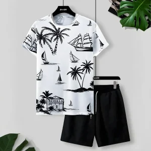 Tropical Print Holiday Casual Men Vacation Summer Short Suit Set