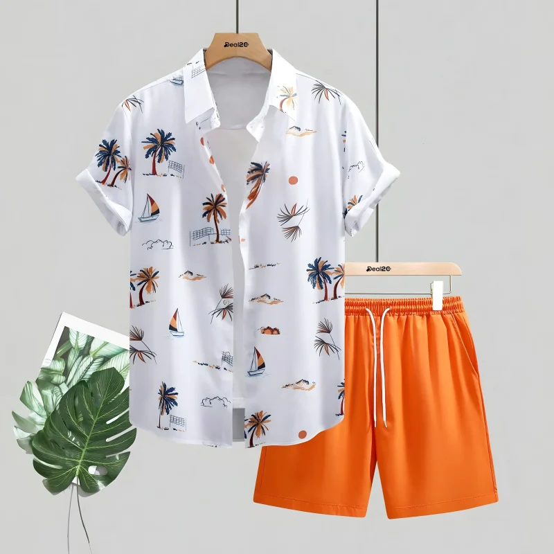 Men Vacation Coconut Tree Patterned Casual Summer Short Suit Set