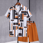 Square Stripe Splicing Printed Summer Short Hawaiian Suit For Men