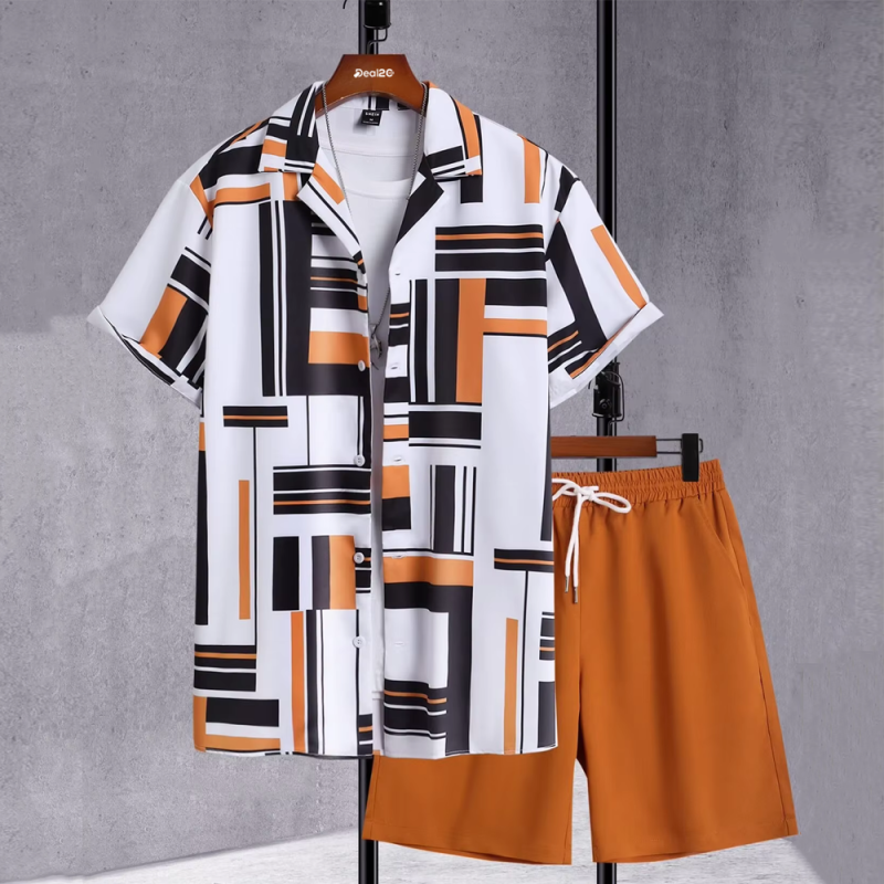Square Stripe Splicing Printed Summer Short Hawaiian Suit For Men