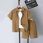 Stylish Ribbed Brown Summer Co-Ord Set for Boys