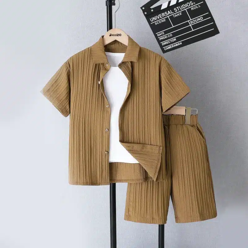 Stylish Ribbed Brown Summer Co-Ord Set for Boys