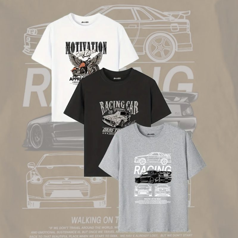 Pack of 3 Motivation Racing Car Printed T Shirts For Tween Kids