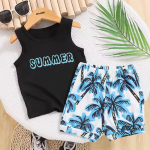 Coconut Tree Beach Printed Summer Short Suit For Kids