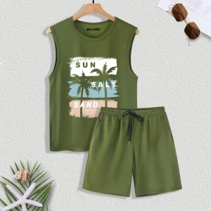 Summer Palm Printed Green Sando Suit for Men