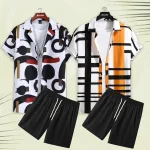 Bundle of 2 Geometric Lapel Brush Art Printed Summer Short Suit For Men