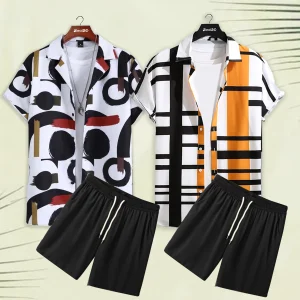 Bundle of 2 Geometric Lapel Brush Art Printed Summer Short Suit For Men