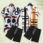 Bundle of 2 Geometric Lapel Brush Art Printed Summer Short Suit For Men