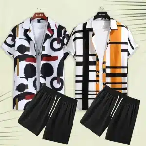 Bundle of 2 Geometric Lapel Brush Art Printed Summer Short Suit For Men