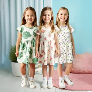 Pack of 3 Floral & Leaf Printed Summer Dresses for Girls