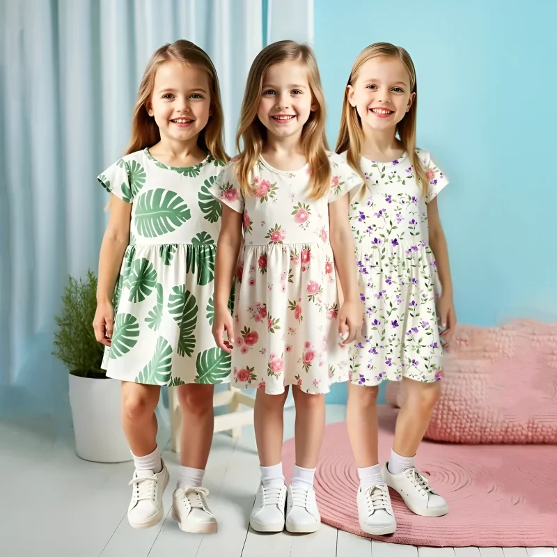 Pack of 3 Floral & Leaf Printed Summer Dresses for Girls