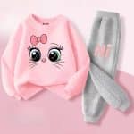 Cute Cartoon Cat Printed Sweatshirt Tracksuit For Girls