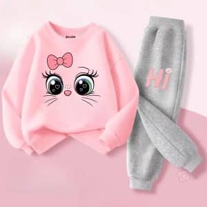 Cute Cartoon Cat Printed Sweatshirt Tracksuit For Girls
