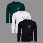 Pack of 3 Urban Wild Stag Printed Full Sleeve T-Shirts for Men
