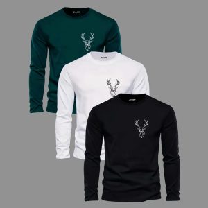 Pack of 3 Urban Wild Stag Printed Full Sleeve T-Shirts for Men
