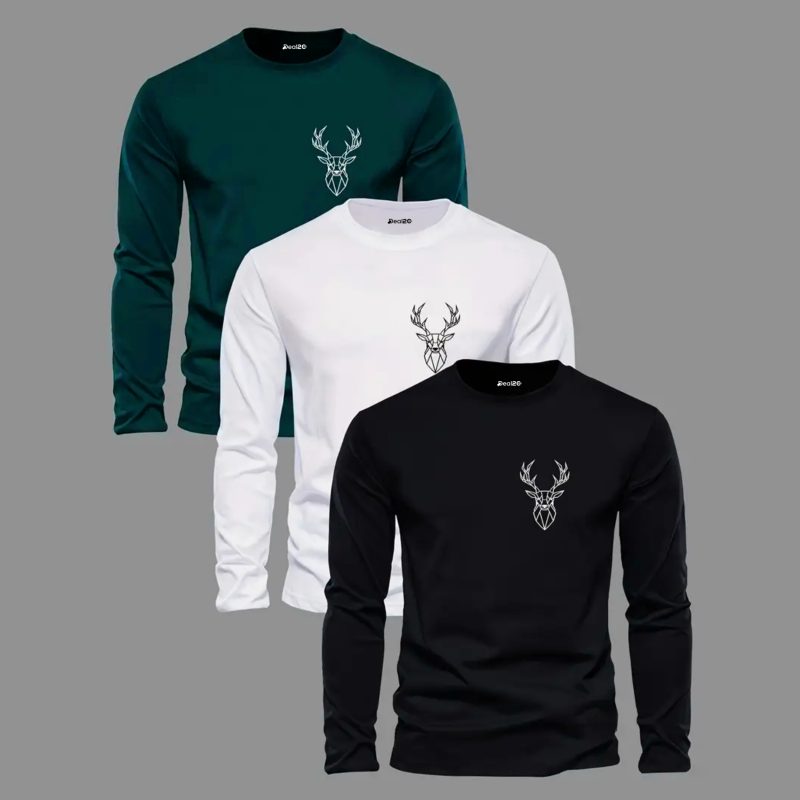 Pack of 3 Urban Wild Stag Printed Full Sleeve T-Shirts for Men