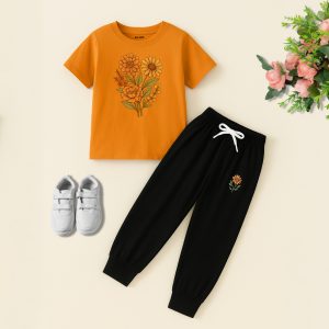 Cute Floral Graphic Printed Sweatshirt Tracksuit For Girls