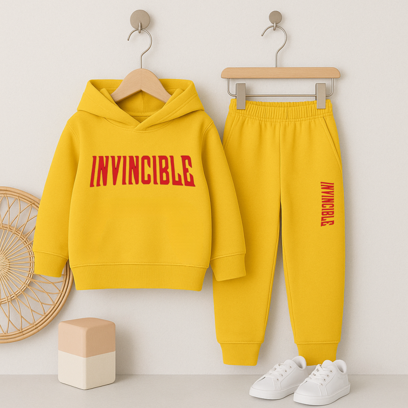 Invincible Printed Yellow Hooded Tracksuit for Tween Kids