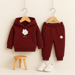 Maroon Flower Printed Hooded Tracksuit for Girls