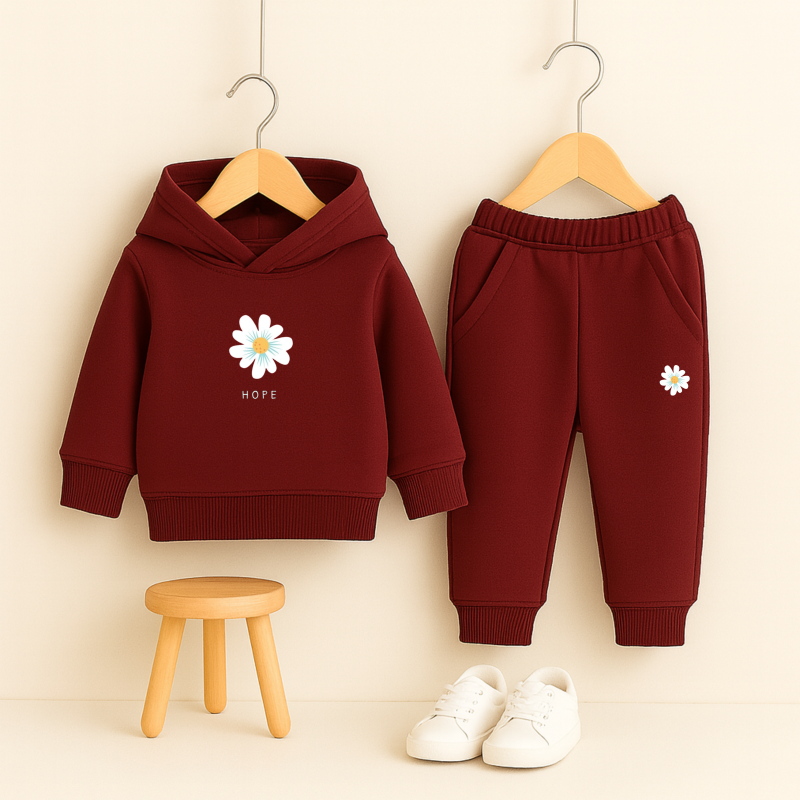 Maroon Flower Printed Hooded Tracksuit for Girls