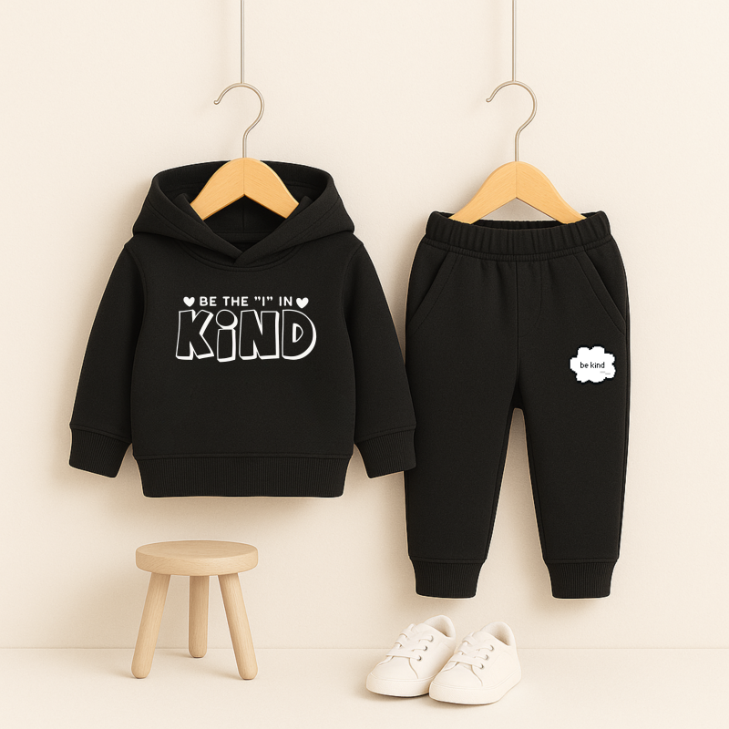 Black Be Kind Printed Hooded Tracksuit for Young Kids