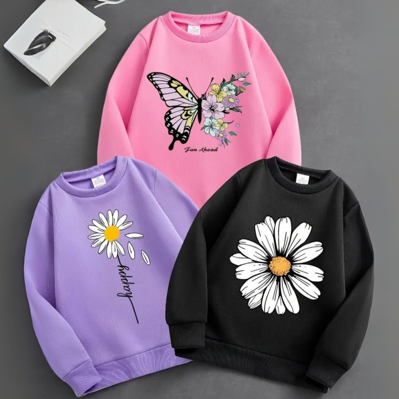 Pack of 3 Flower & Butterfly Printed Sweatshirts for Girls Pack of 3 Flower & Butterfly Printed Sweatshirts for Girls