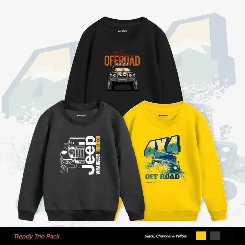 Pack of 3 Off-Road Jeep 4X4 Printed Sweatshirts for Tween Kids Pack of 3 Off-Road Jeep 4X4 Printed Sweatshirts for Tween Kids