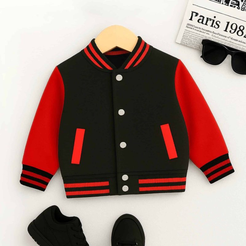 Crimson Charge – Black & Red Varsity Jacket for Kids
