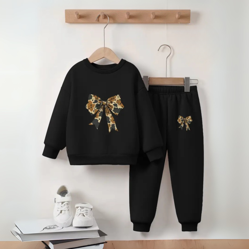 Black Bow Tie Print Sweatshirt Tracksuit for Girls Black Bow Tie Print Sweatshirt Tracksuit for Girls