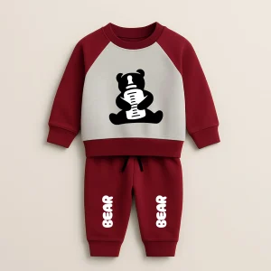 Maroon Bear Printed Raglan Tracksuit for Young Kids