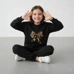 Girls Black Leopard Bow Sweatshirt & Joggers Set