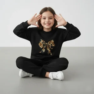 Girls Black Leopard Bow Sweatshirt & Joggers Set