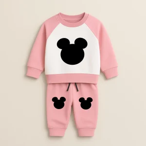 Pink & White Contrast Teddy Sweatshirt Set for Girls - Winter Wear