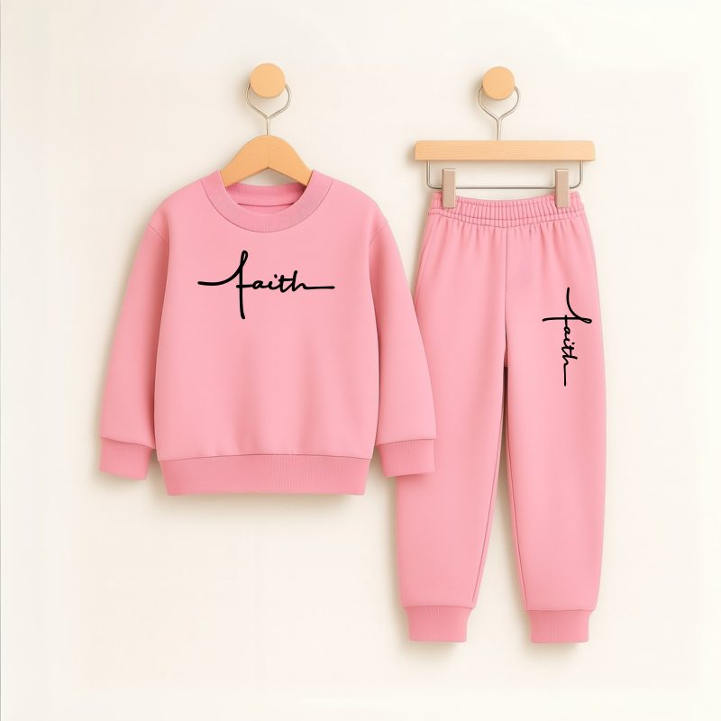 Faith Printed Pink Sweatshirt Tracksuit for Girls