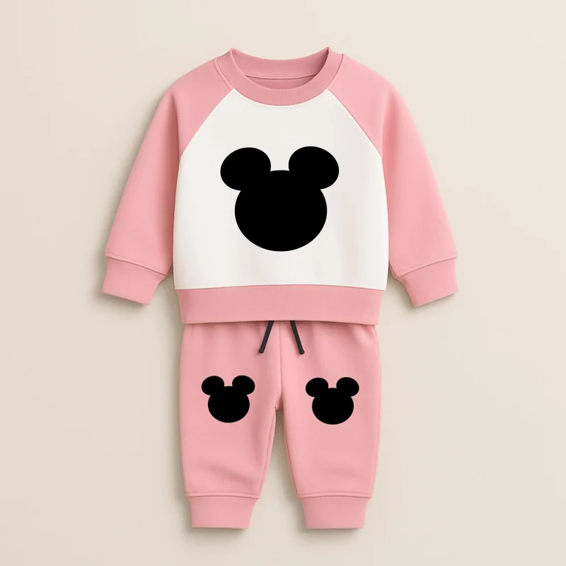 Pink & White Contrast Teddy Sweatshirt Set for Girls - Winter Wear
