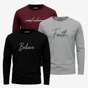 Pack of 3 Believe Faith Confidence Printed Long Sleeve T-shirts for Men