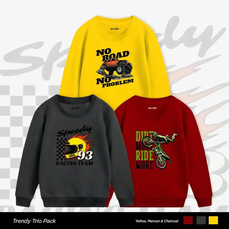 Pack of 3 Off-Road Speedy Ride Printed Sweatshirts for Tween Kids